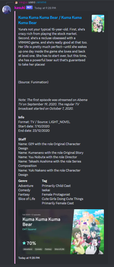 Screenshot of the anime command result