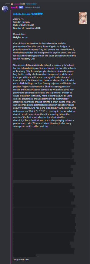 Screenshot of a character search result